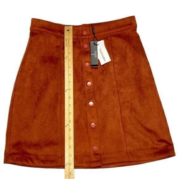 Tahari Mini Skirt Womens 6 Brown Faux Suede Leather Snap Button Front Pencil NEW - Picture 8 of 10